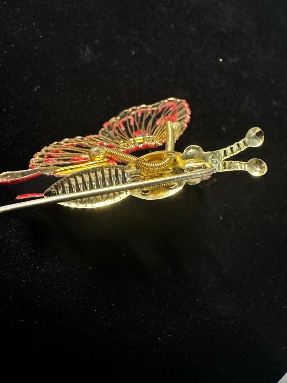 Vintage Red Glitter Butterfly Brooch with Gold Accents - Picture 9 of 13